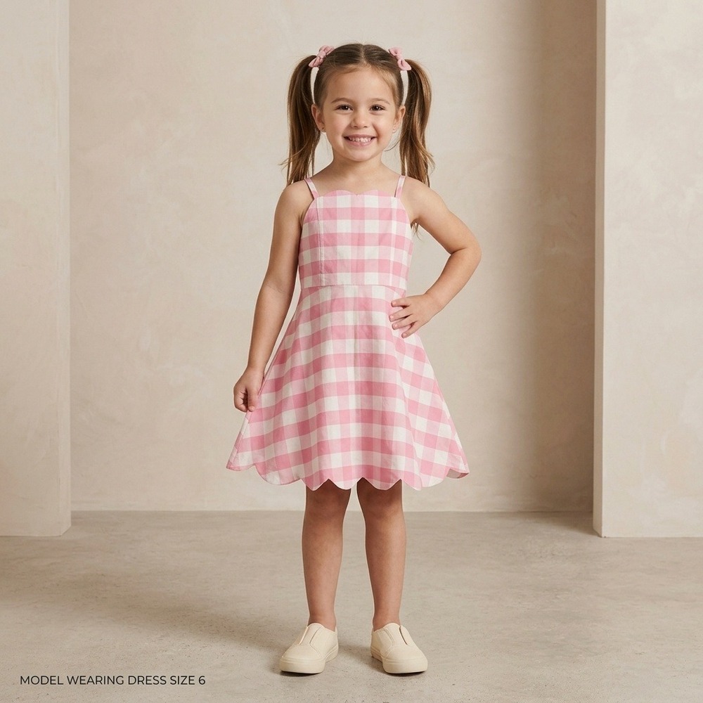 Gingham Scallop Dress Kids Size 140 Pink White Excellent Heart Back Detail